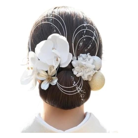 Lomeri Hair Accessory for Coming-of-Age Ceremony, Graduation, Weddings, Kimono - Artificial Flowers, Hard Silver, Japanese Beads, Bronze, Mizuhiki,