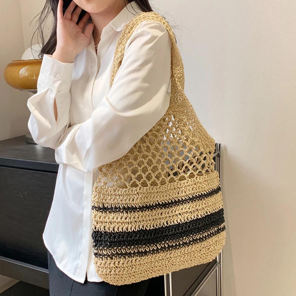 Hollow Straw Women Shoulder Bags Paper Woven Lady Handmade Handbags Summer Beach Large Tote Bag Big Casual Shopper Purses 2025