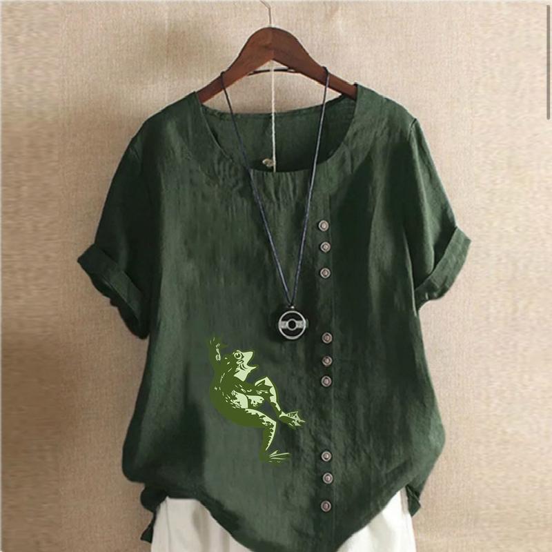 Women's Fashion Frog Prined Short Leeve T-shirt Loose Cotton Shirt Casual Loose Summer Blouse Tops Plus Size
