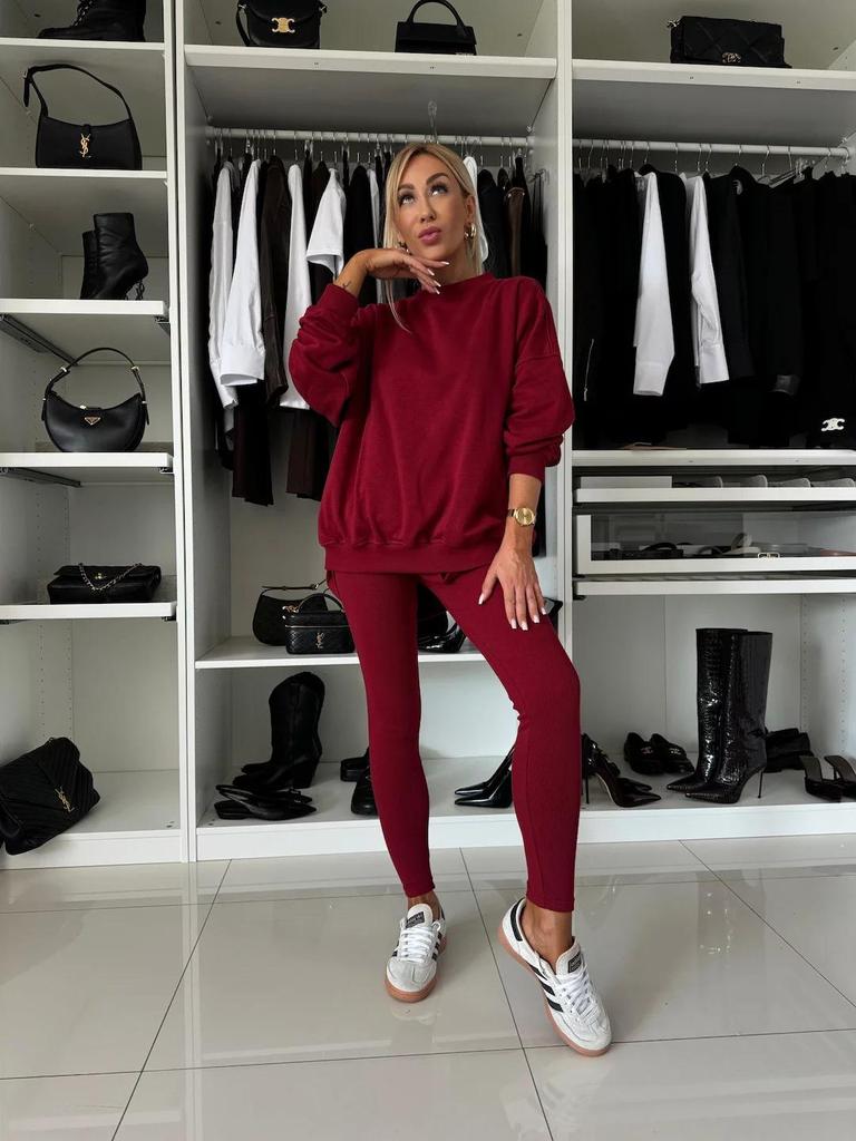 2024 Trending Women's Solid Color Round Neck Sweatshirt and Skinny Long Pants Two-Piece Set