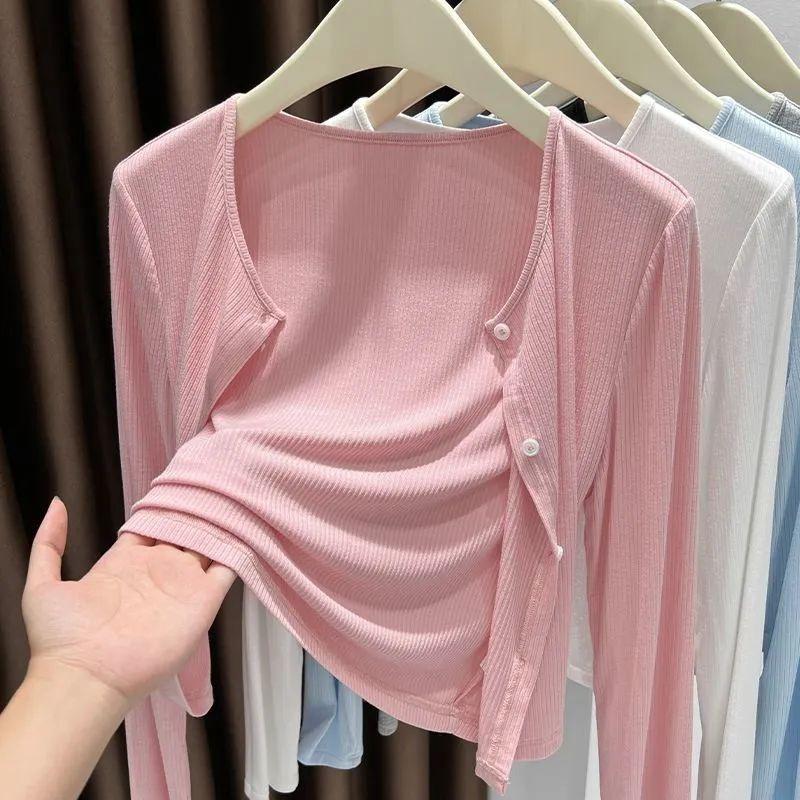 Women Grey Ribbed Thin Cardigan Shawl, Lightweight Sun Protection Air Conditioner Coat Office Summer Outerwear Cover Up