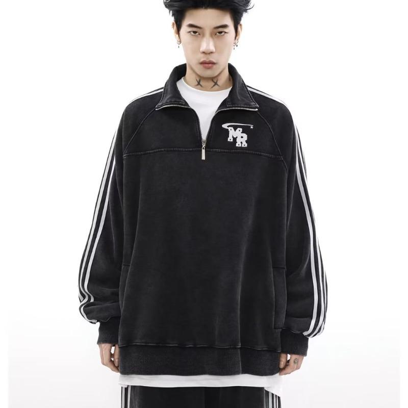 Men's Autumn American Retro Sports Suit: High-Street Stand-Up Collar Sweater and Trousers Two-Piece Set