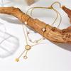 Gold Plated Double Layer Pearl Necklace with Mother of Pearl Clover Pendant, Dainty Adjustable Chain for Women, Elegant Daily Jewelry