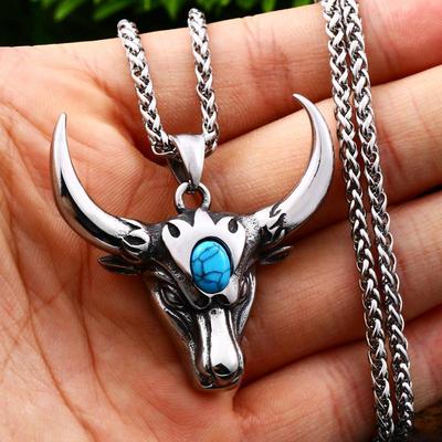 1PC Domineering Nordic Türkis Bull Kopf Tier Anhänger Halskette Männer's Biker Punk Trend Schmuck