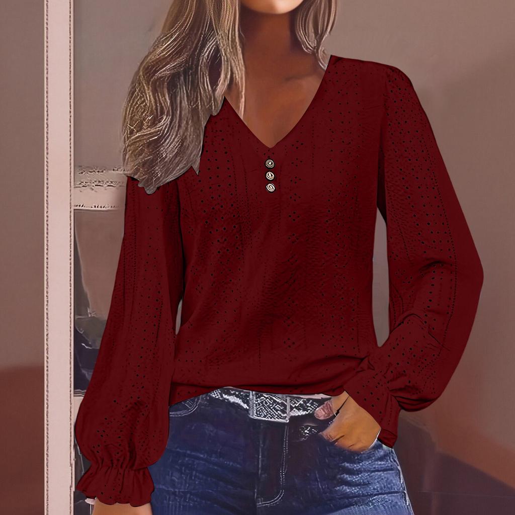 Women's V-neck T-shirt With Spring  Hollow Out Casual Pleated Sleeve Top