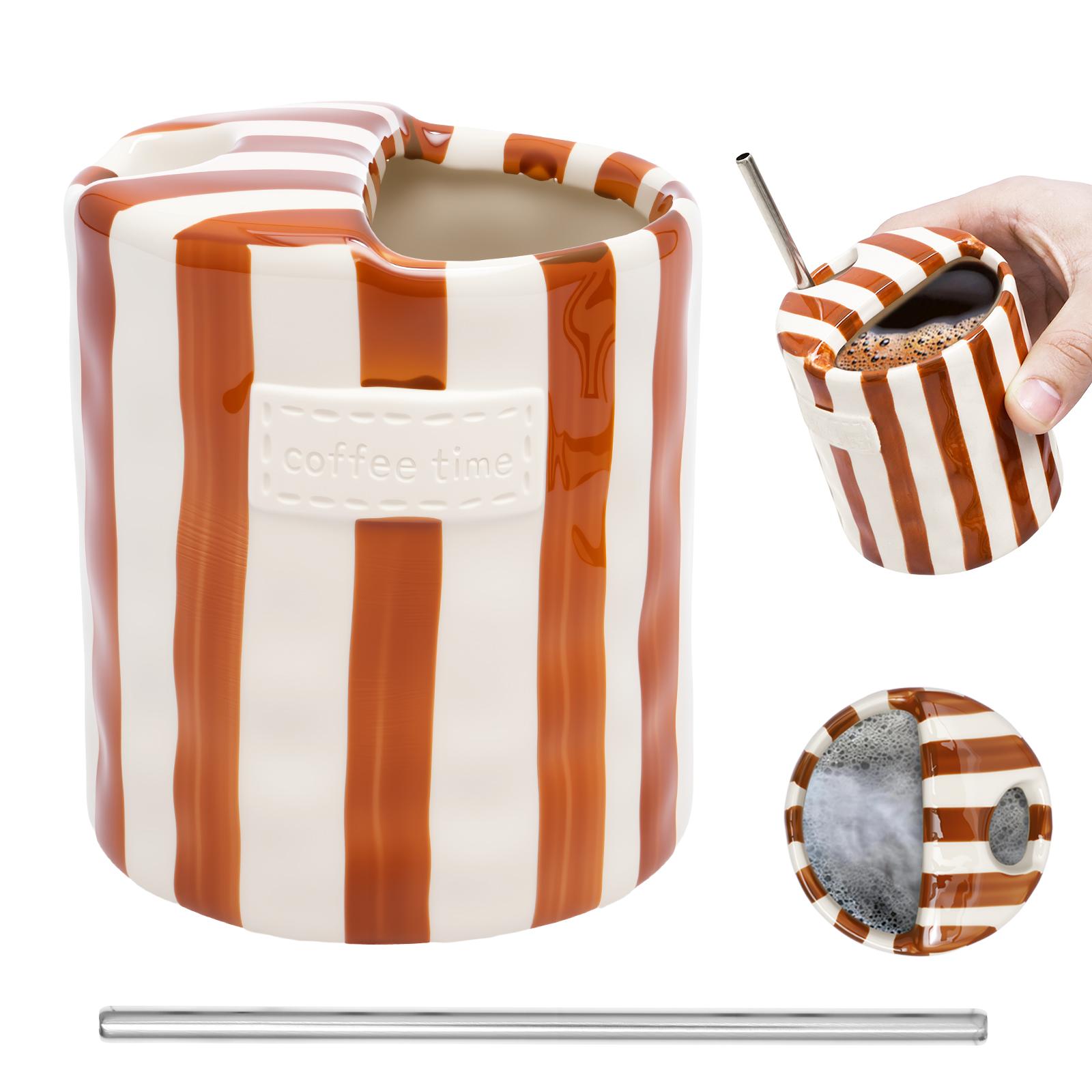 Ceramic Coffee Mug with Sip Hole 10oz Hand Painted Striped Water Cup Novel Espresso Cup with Straw for Coffee Tea Hot Chocolate 300 ml