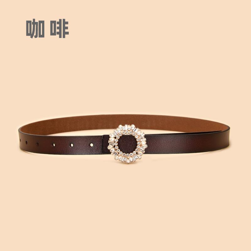 Ladies Belt With Crystal Diamond Square Buckle Decorative Belt Women'S Leather Smooth Buckle Belt