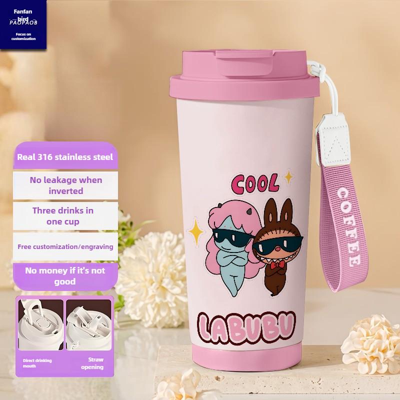 Tecknad Rostfri Stålkopp Högvärdig Termosmugg 3D Dubbel Drickstrå Kaffekopp