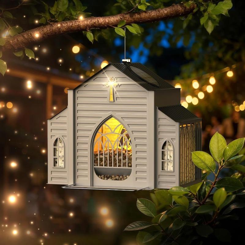 Mangiatoia per Uccelli a Forma di Chiesa in Metallo con Luce Solare, Mangiatoia da Appendere per Esterno con Design Resistente alle Intemperie, Mangiatoia Decorativa per Giardino Cortile Decorazione Terrazzo