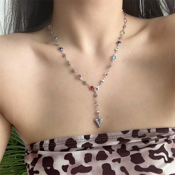Trendy Gold Silver Color Glass Long Y-Shaped Heart Necklace Metal Collarbone Chain Party Bohemian Body Party Jewelry Gifts