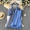 Ladies Dress Three Dimensional Flower Hook Mesh Temperament Stand Collar Lantern Sleeve High Waist Slim Female Dresses