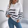 GMXIA Autumn and Winter Casual Color-blocking Striped Pocket Lantern Sleeve Pullover Sweater Women's Wear