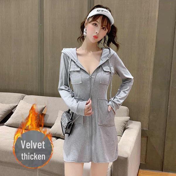 Korean Style Hooded Zipper Petite Dress for Women - Autumn/Winter Fashion with Plus Velvet and Age-Reducing Design Large
