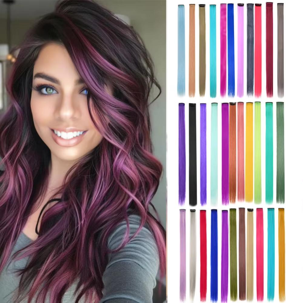 Synthetic Clip in Hair Extensions Rainbow Colorful Wig Hairpieces  for Daily Use Party