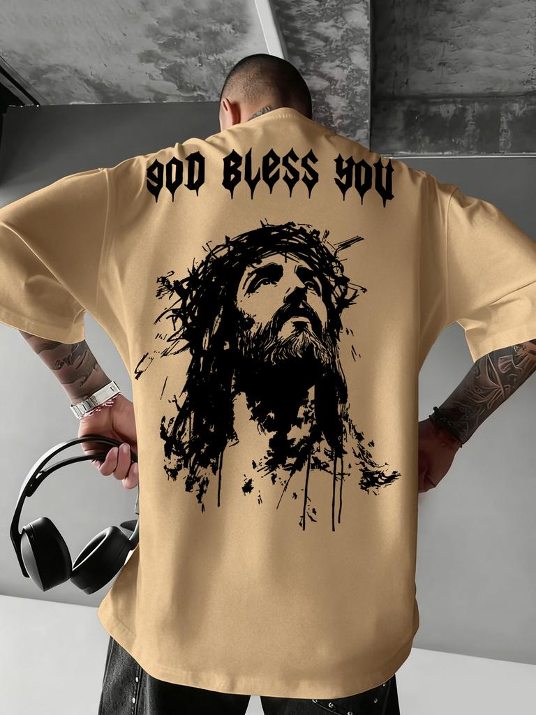 Printed Tshirt For Unisex New Summer Fashion God Bless You Jesus Portrait Printed Tee Machine Washable Sxxl