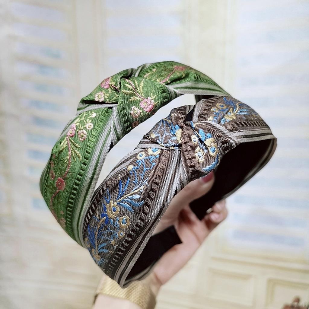 New Retro Female Ethnic Hairband Embroidery Flower Leaf Headband Head Bezel for Women Cross Knotted Hair Hoop Headbands Headwear