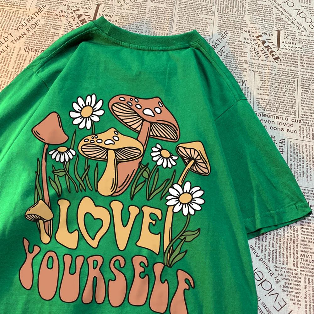 Cottagecore Style Mushroom Love Yourself Mens Tshirt Oversized T-Shirts Oversized Cotton T Shirts Breathable Women Short Sleeve