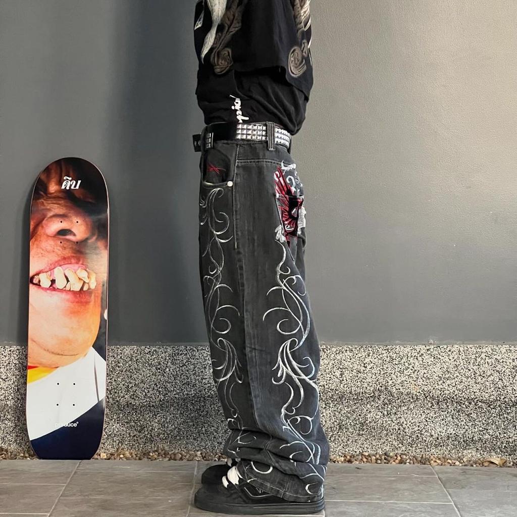 Unisex Streetwear Y2K Gothic Denim Trousers Harajuku Punk Embroidery Washed Jeans Hip Hop Wide Leg Oversized Jeans Mens Womens
