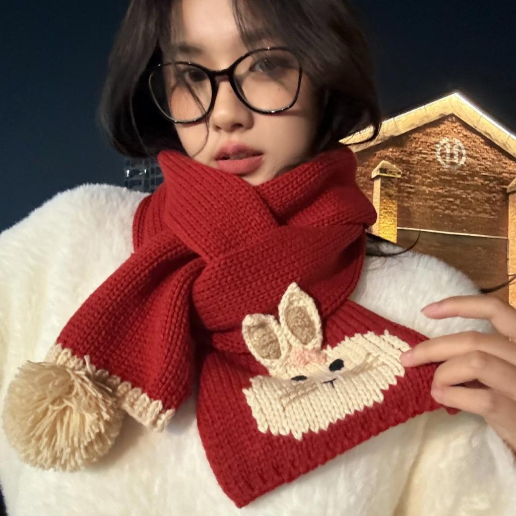 Japanese style Cartoon Cute Rabbit Knitted Woolen Scarf for Women in Autumn and Winter Korean Style Versatile and Warm Faux Cashmere Scarf Trend
