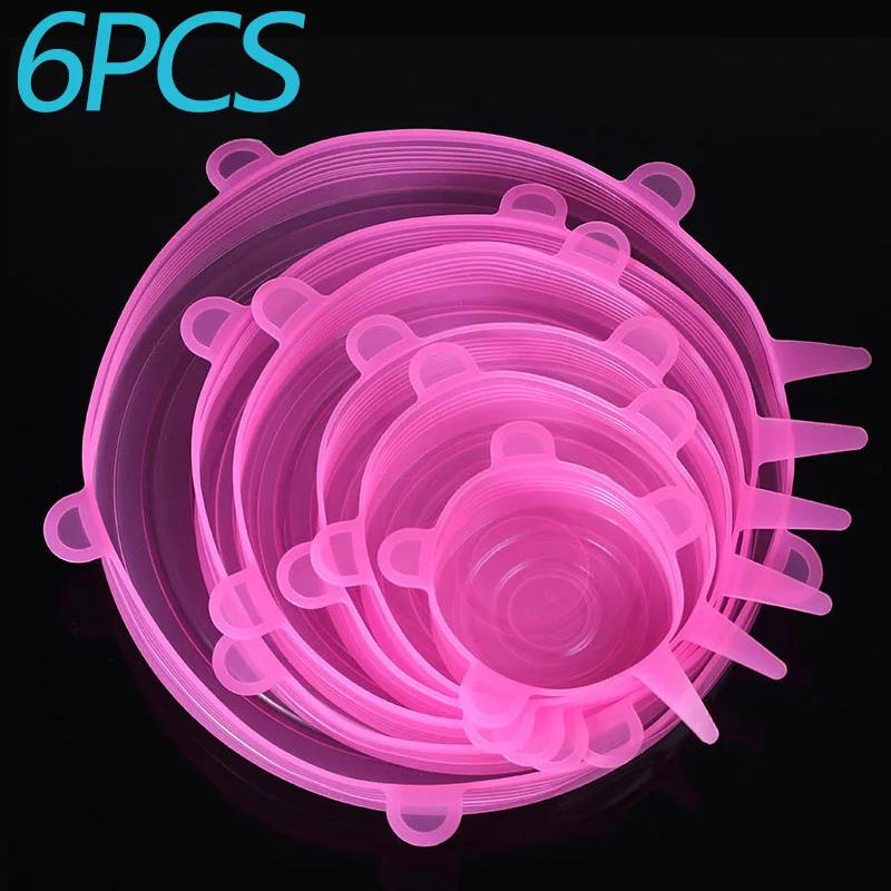 6PCS Food Cover Adjustable Elastic Silicone Cap Reusable Kitchen Utensil Storage Airtight Food Packaging Lids Accessories