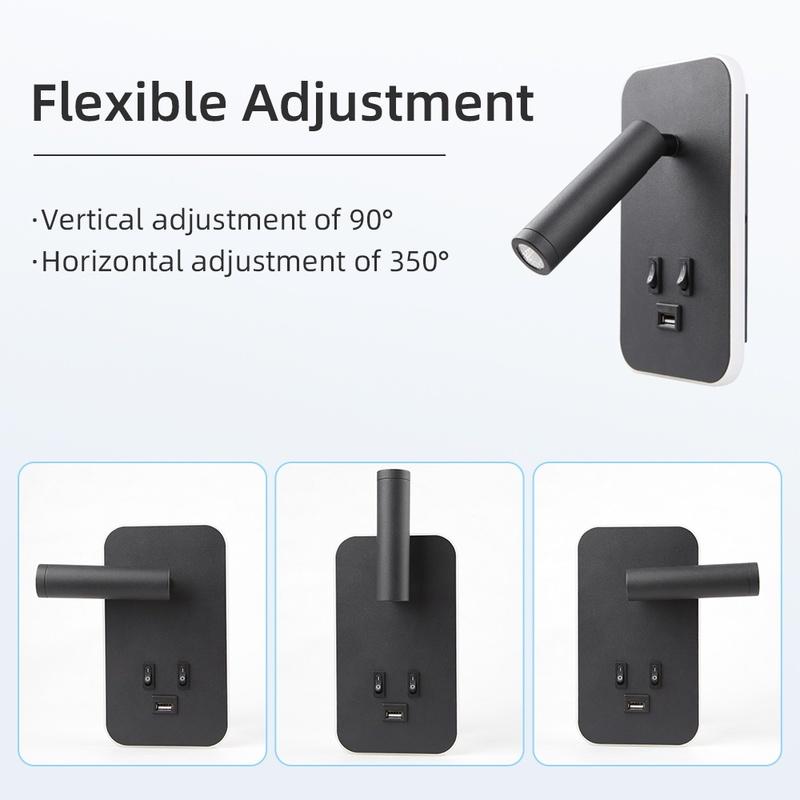 Bedside Wall Lamp with Switch and USB Port Wall Mounted Reading Spot Lights Bedroom Wall Sconce Rotatable Led Wall Light Cabinet