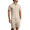 Summer hot sale new men's solid color jacquard shirt casual short-sleeved shorts two-piece set