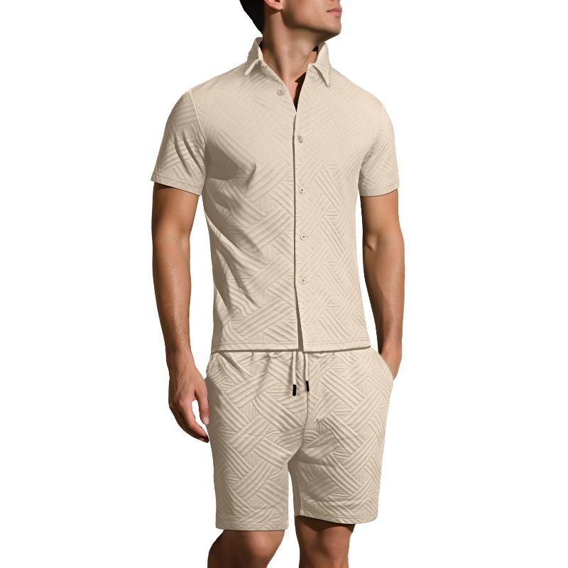 Summer hot sale new men's solid color jacquard shirt casual short-sleeved shorts two-piece set