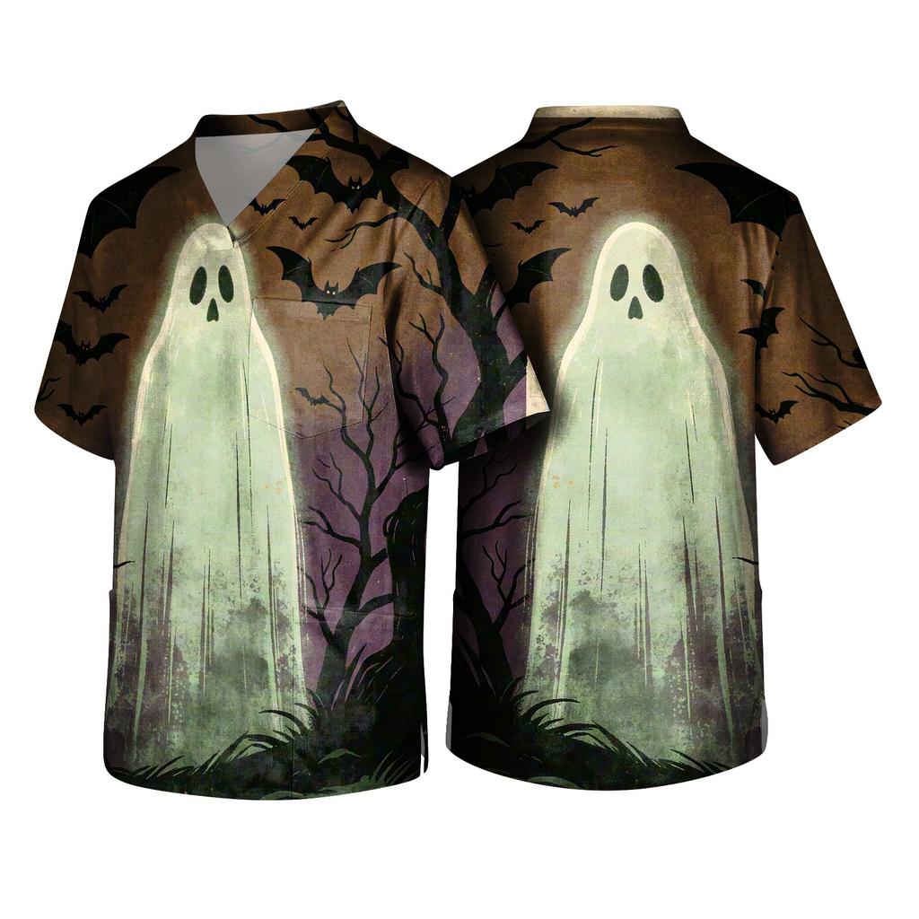 Men's Halloween V-Neck Scrub Top, Short Sleeve with Pockets for or Costume