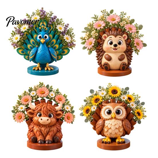 Whimsical Room Accessories Cartoon Animal Flower Vase, Desktop Storage Ornament with Highland Cow/Owl//Peacock/Hedgehog Design, Functional Tabletop