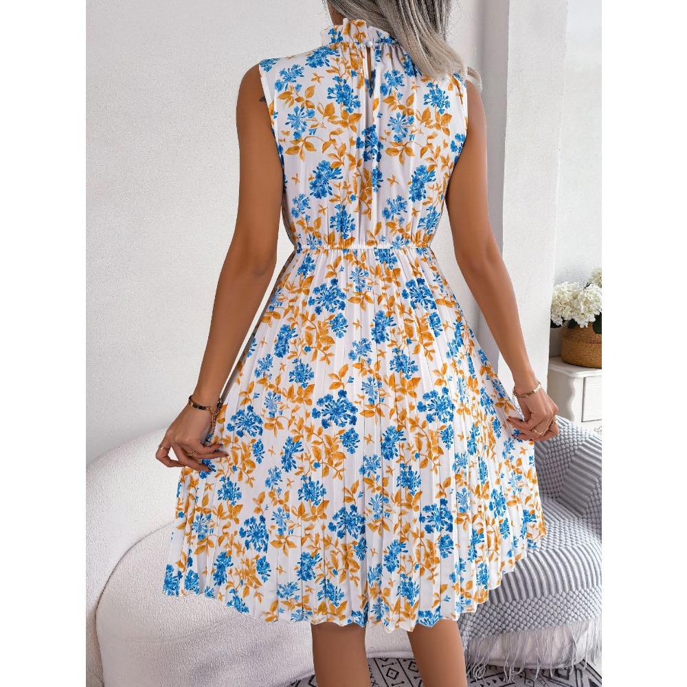 Frühlings- und Sommer-Damen-Temperament Holzohrring Blumen Taillierte Plisseekleider