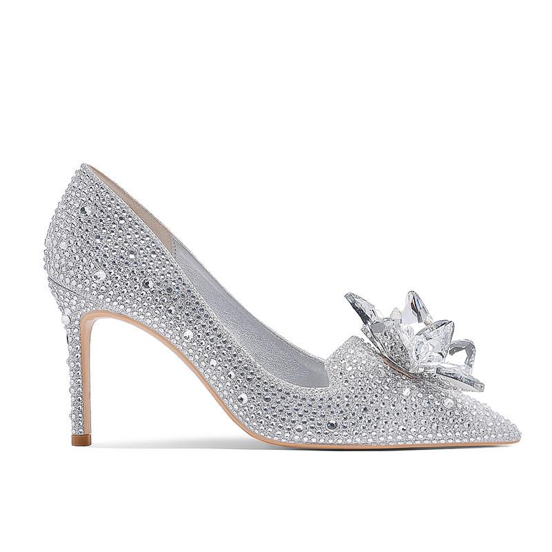 Silver Crystal Covered Pointed Toe High Heels Luxury Rhinestone Cinderella High Heels Wedding Shoes Bridal Stilettos Women Shoes
