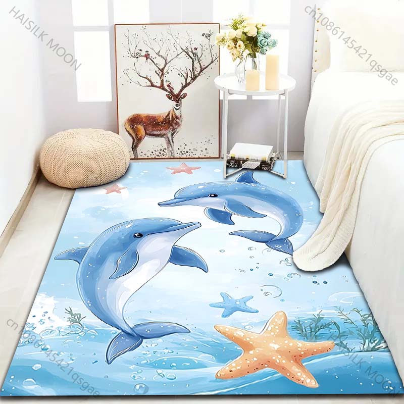 Hght Unisex Two Dolphins Cartoon Print Carpet For Bedroom Living Room Bedside Sofa Floor Mat Modern Home Decor Area Rug Luxury Gift