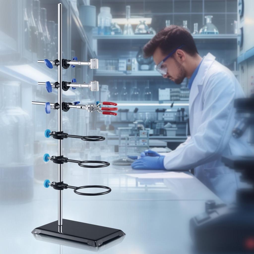 Lab Stand Support, Laboratory Retort Support Stand Set, Steel Lab Stand 23.6" Rod and 8.3" x 5.3" Cast Iron Base, Includes Flask Clamps, a Burette