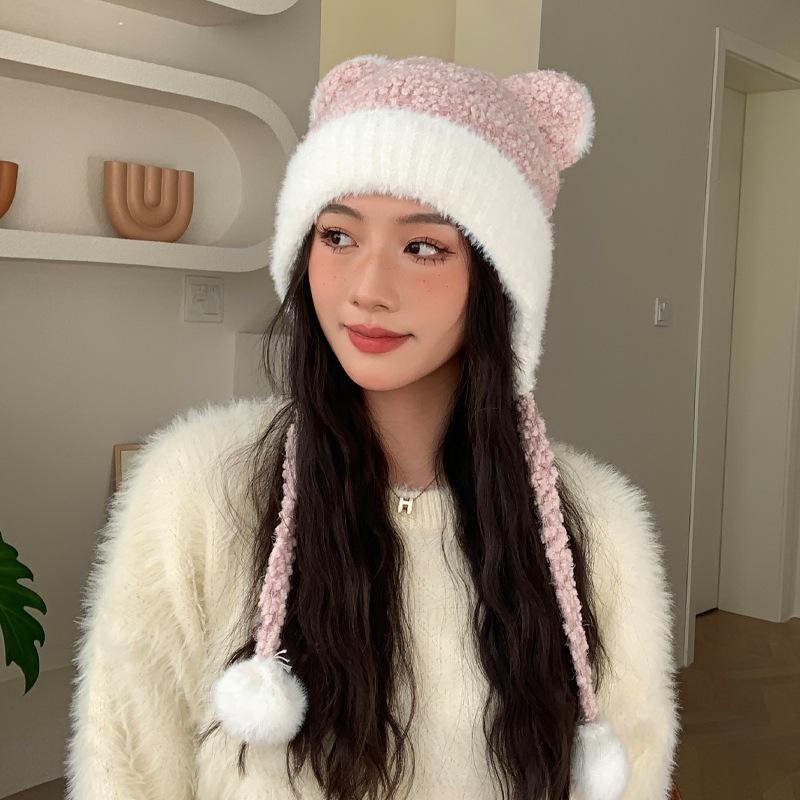

Korean Version of Autumn and Winter New Hat for Women Cute Two Color Bear Ear Protection Plush Hat for Winter Warm Knitted Wool Hat Thick One Size