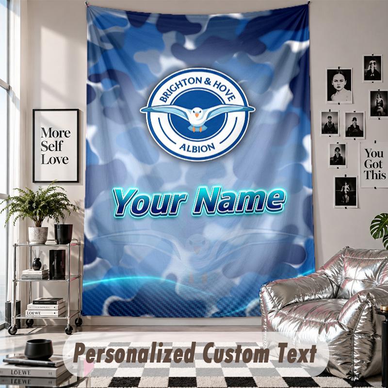 Custom Tapestry Wall Hanging, Brighton & Hove Albion Football Personalized Name Text Home Wall Decor