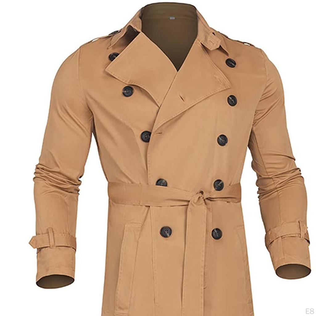 Belted Men'trench Coat Overcoat Double Breasted Fashion Top Long Jacket Warm Notched Lapel Male