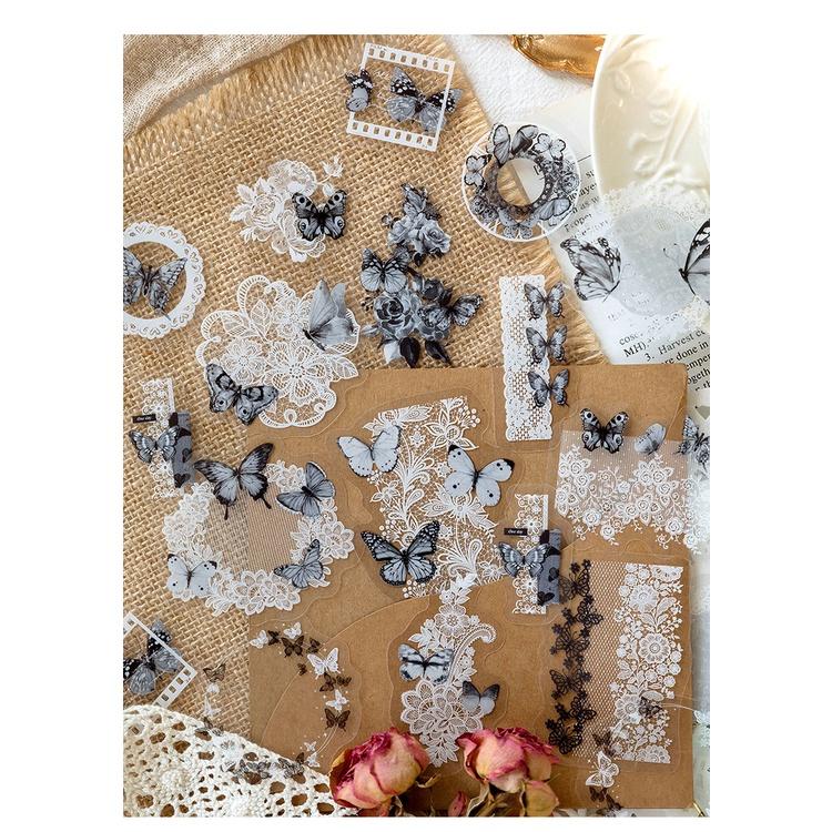30PCS/Pack PET Lace Stickers Pack White and Black Theme Sticker for Scrapbooking Diary Decoration
