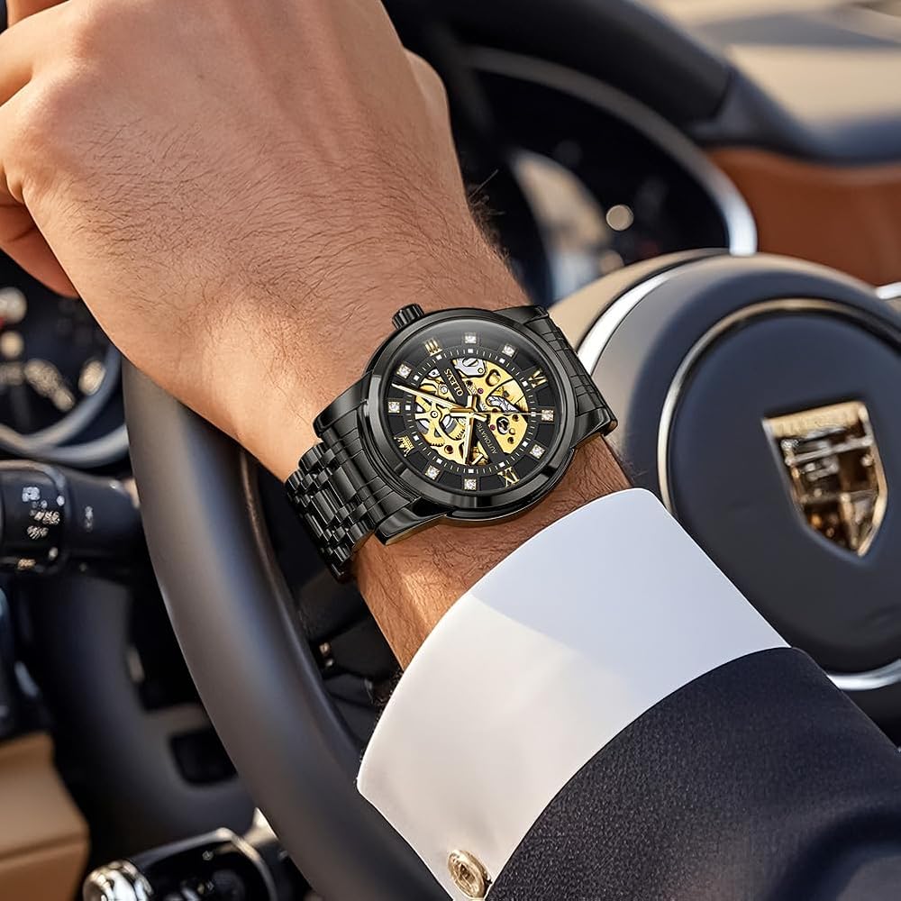 OLEVS G9901 Men's Automatic Mechanical Watch Stainless Steel Bezel Luminous Waterproof Classic Black Band Black Dial