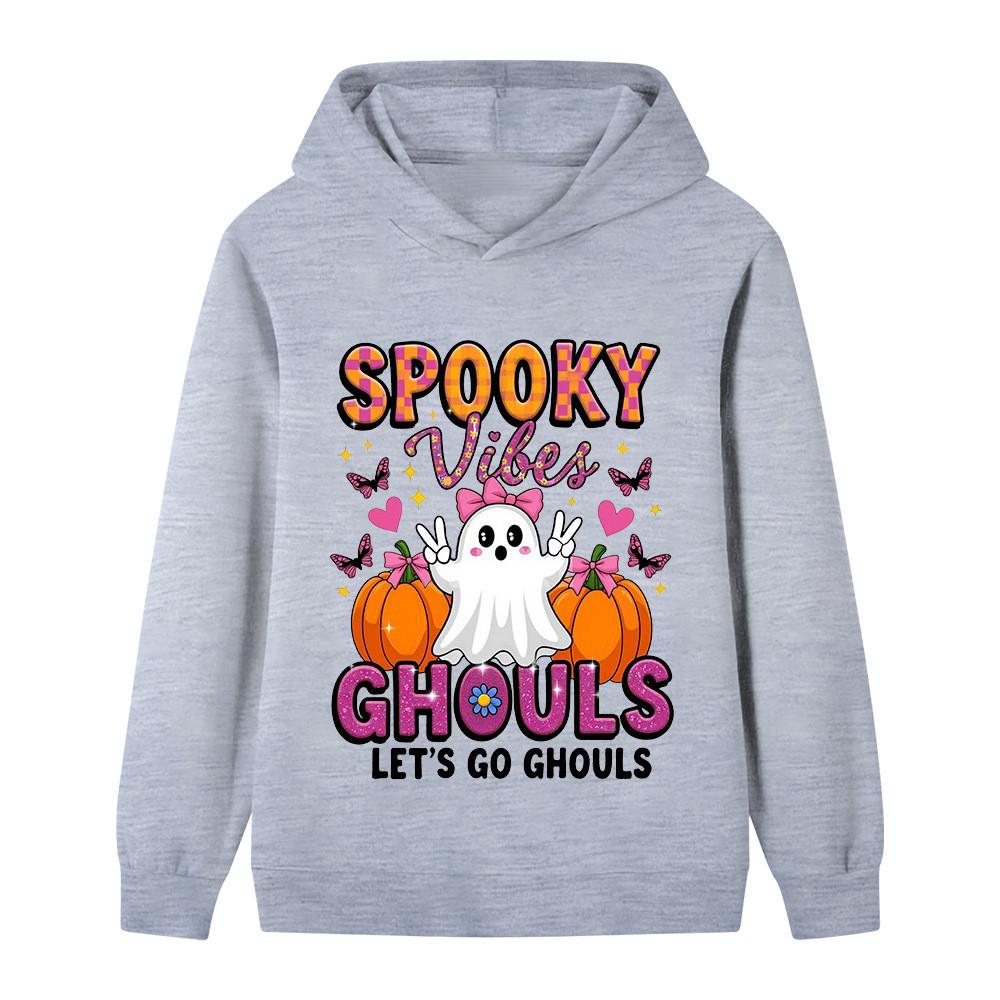 Warm Children Hooded Pullover, Lovely Ghost Pumpkin And Colorful Halloween Text Graphic, Autumn Winter Long Sleeve Sweatshirt For Kids Casual Outfit