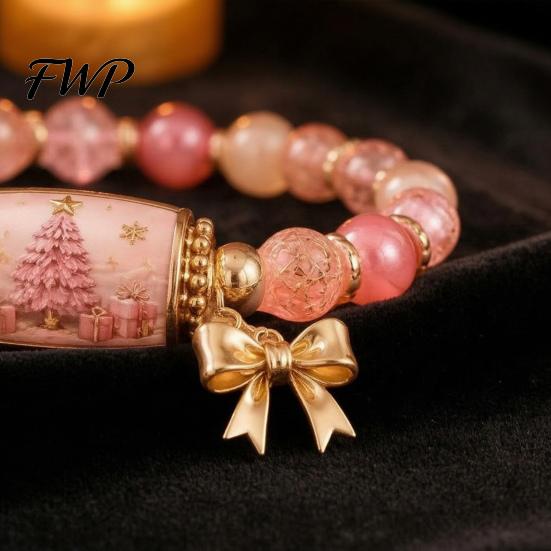 Metal Pendant Bracelets Christmas Story Beaded Bracelet, Bracelet with Santa Reindeer Snowman House Candy Patterned Cane Tree Pattern, Elastic