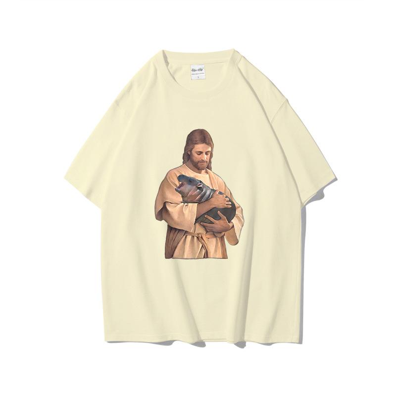 Fun Printed Moo Deng Bouncing Pig Casual T Shirts Trend Loose Cotton Short Sleeved Round Neck Top