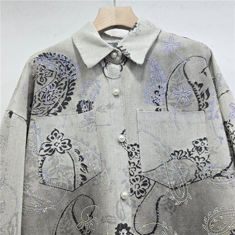 2026 Spring Rhinestone Jacquard Denim Long Sleeve Shirt Jacket - Women's Loose-Fit Mid-Length Top