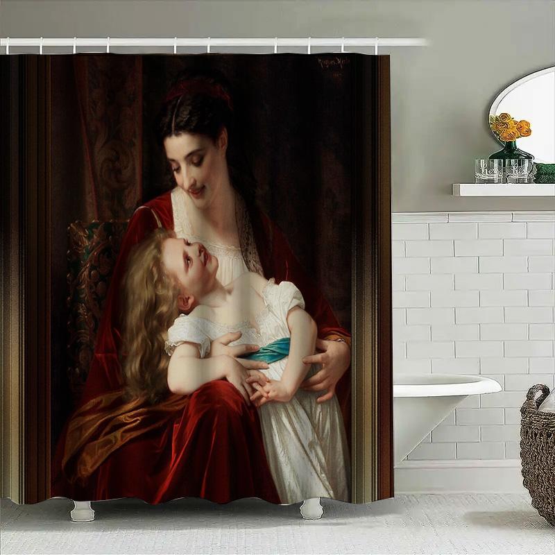 Vintage Mutter und Kind Porträt Duschvorhang Viktorianische Art Deco Ästhetik Badezimmer Dekor Bauernhaus Wandteppich Wandbehang