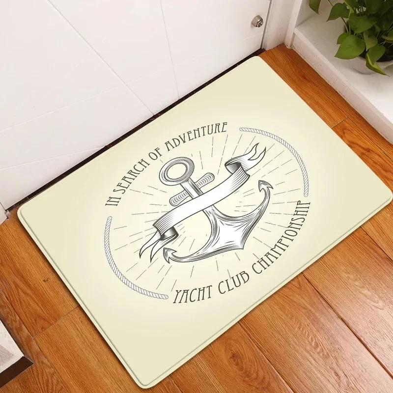 1Pc White Anchor & Navy Blue Nautical Washable Door Mat Non Slip Entrance Floor Carpet Easy To Clean Hallway Bath Kitchen Rug