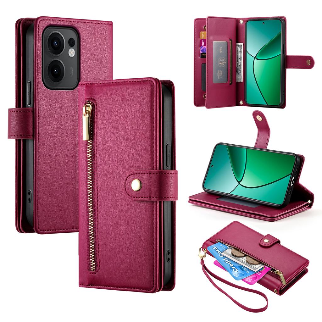 DF-011 For Oppo Reno13 F 5G Case Zipper Pocket Wallet Leather Phone Cover with Straps