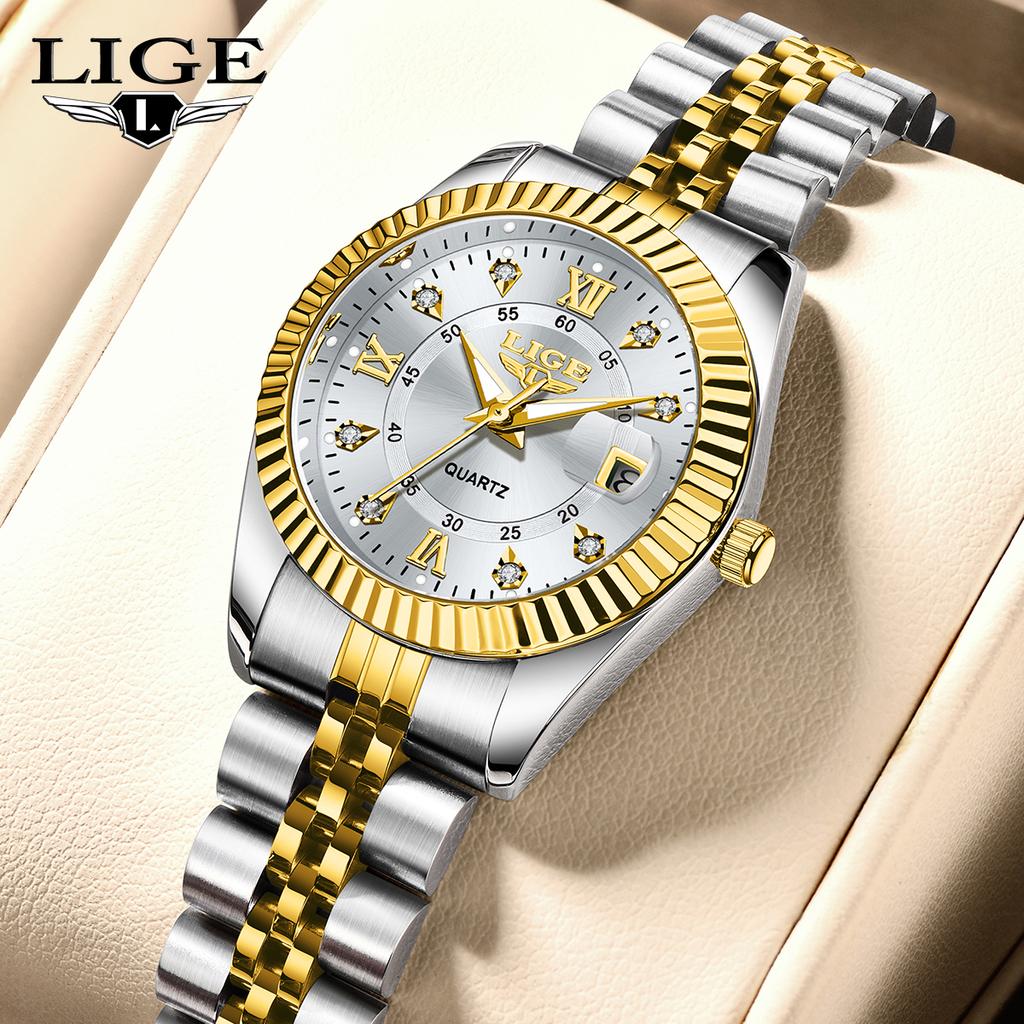 LIGE Luxury Watches For Women Elegant Women's Diamond Bracelet Watch Simple Round Waterproof Luminous Quartz Wristwatch Femme