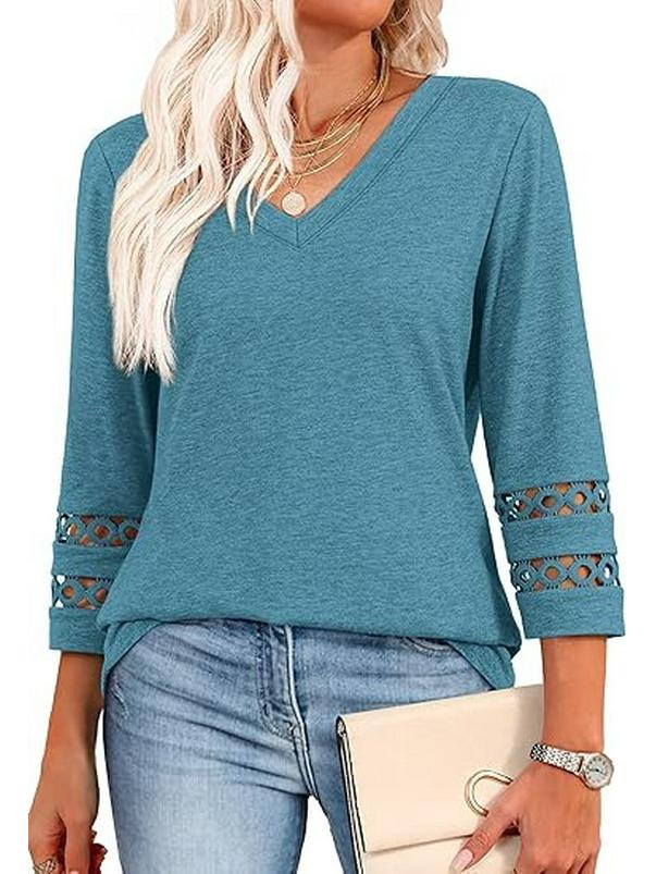 2026 Women's Fashion Solid Color V-Neck Loose Three-Quarter Sleeve Round Neck Hollow-Out Casual Top