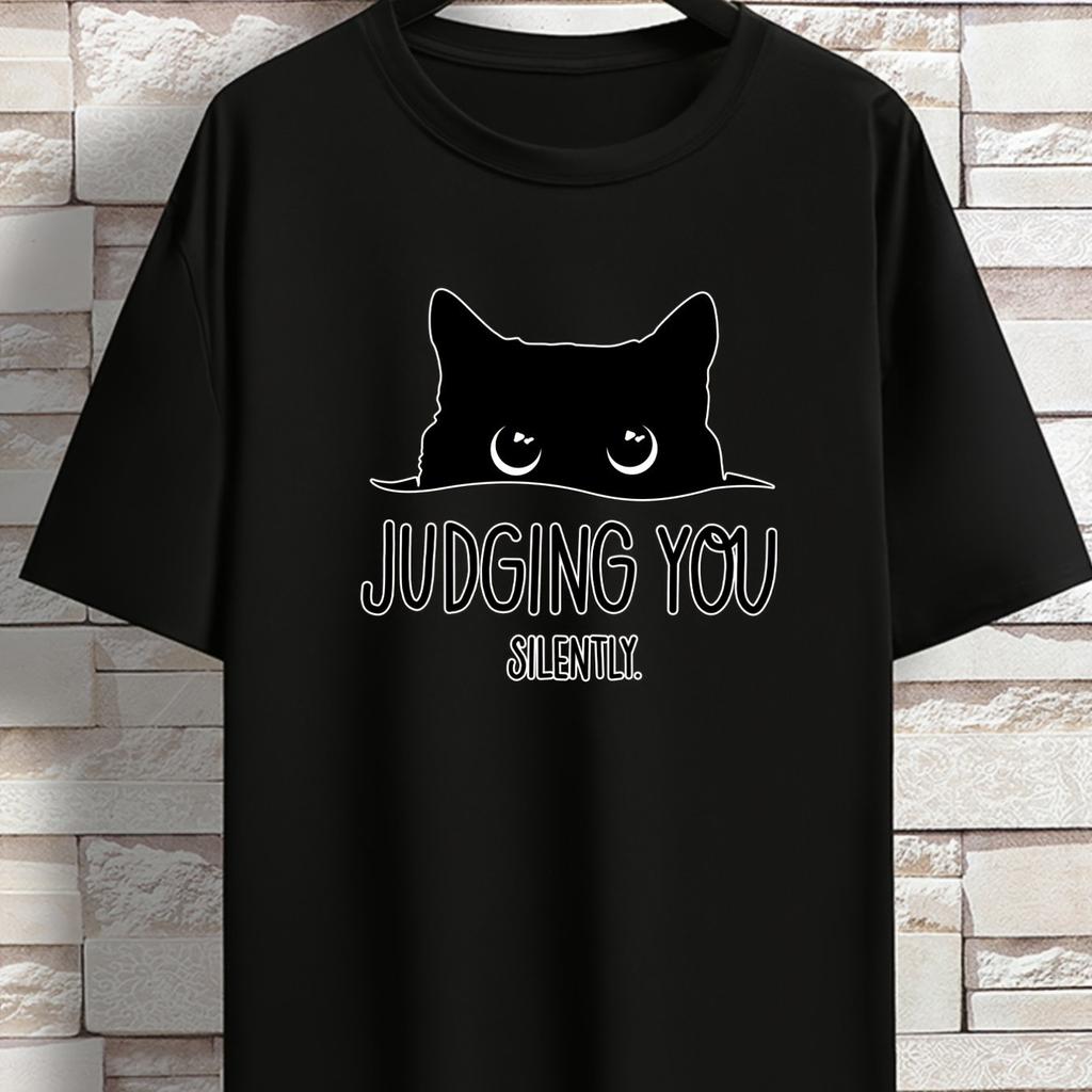 Cat Print Loose T-shirt, Women Short Sleeve Crew Neck Tops, Casual Clothing for Spring Summer