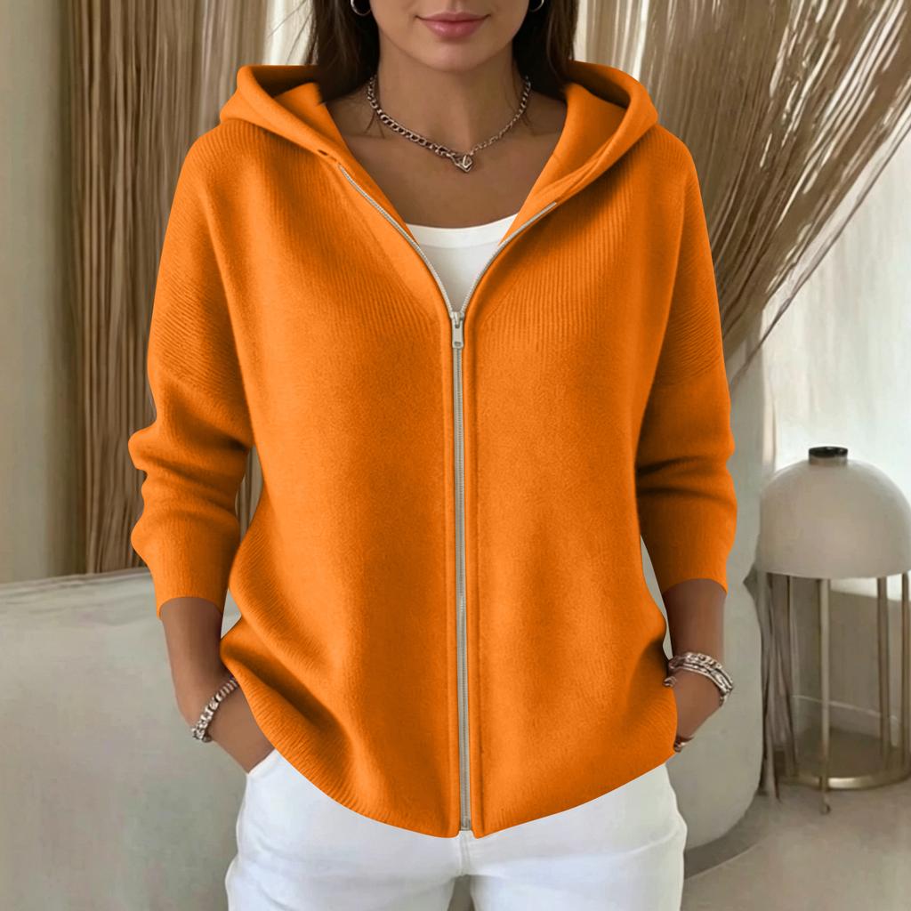 Women's Color Long Sleeve Hooded Zip Up Cardigan Sweater for Casual Daily Wear