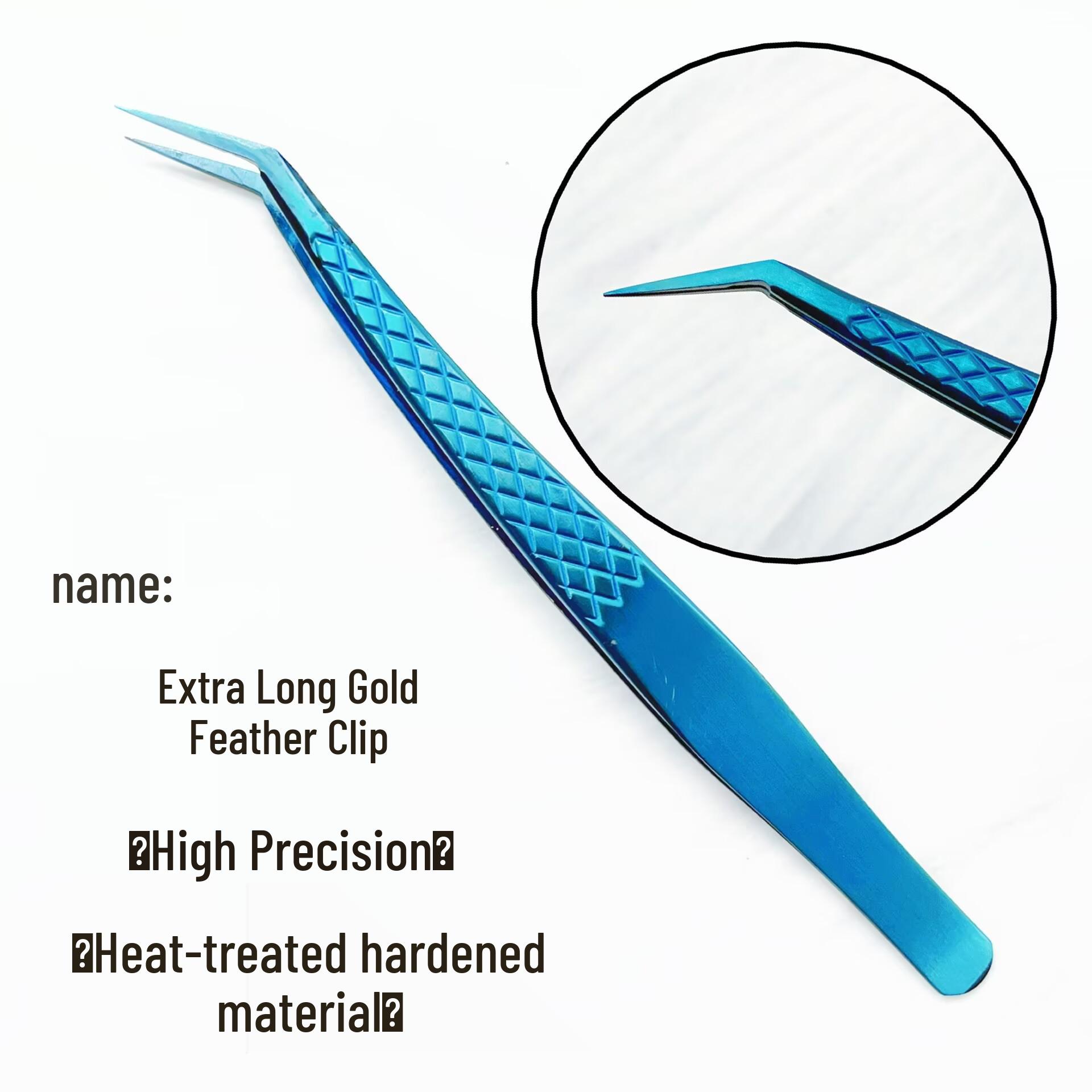 

Matte Blue Gold-Plated Professional Eyelash Tweezers with Feather Design